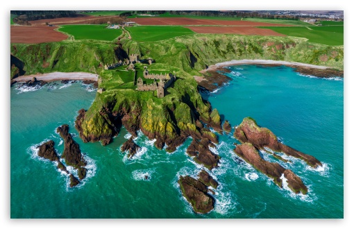 Dunnottar Castle Aberdeenshire Scotland Drone View UltraHD Wallpaper for UHD 16:9 ; HD 16:9 ; UltraWide 21:9 24:10 32:9 32:10 ; Widescreen 16:10 ; Fullscreen 4:3 ; Tablet 1:1 ; Mobile 9:16 9:19.5 9:20 9:21 9:22 ; Dual 16:10 16:9 ;