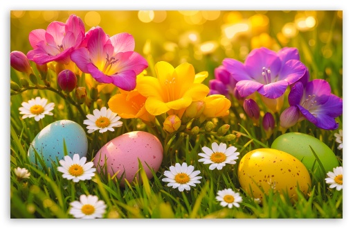 Easter Eggs in the Grass UltraHD Wallpaper for UHD 16:9 ; HD 16:9 ; Widescreen 16:10 ; Tablet 1:1 ; Mobile 9:16 ;