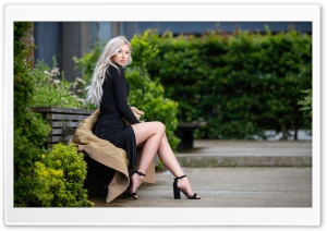 Elegant Blonde Girl, Black Dress, Bench, Waiting, Stylish, Living Fence 4K UHD Wallpaper for Widescreen and UltraWide Desktop, UltraHD TV, Smartphone, Tablet