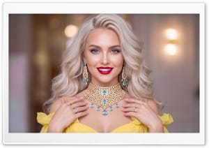 Elegant Woman in Yellow Dress with Diamond Jewelry 4K UHD Wallpaper for Widescreen and UltraWide Desktop, UltraHD TV, Smartphone, Tablet