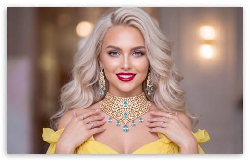 Elegant Woman in Yellow Dress with Diamond Jewelry UltraHD Wallpaper for UHD 16:9 ; HD 16:9 ; UltraWide 21:9 24:10 32:9 32:10 ; Widescreen 16:10 ; Tablet 1:1 ; Mobile 9:16 9:19.5 9:20 9:21 9:22 ; Dual 16:10 16:9 ;