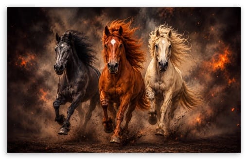 Epic Running Horses in Smoke and Fire UltraHD Wallpaper for UHD 16:9 ; HD 16:9 ; UltraWide 21:9 24:10 32:9 32:10 ; Widescreen 16:10 ; Tablet 1:1 ; Mobile 9:16 ; Dual 16:10 16:9 ;