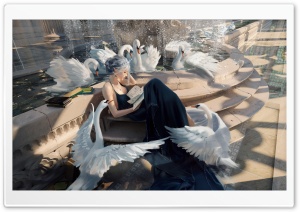 Fantasy, Elf Girl, Swans, Reading, Books 4K UHD Wallpaper for Widescreen and UltraWide Desktop, UltraHD TV, Smartphone, Tablet
