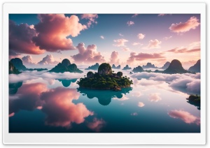 Fantasy, Islands, Pink Clouds, Calm Water, Calm Ocean Water, Mist 4K UHD Wallpaper for Widescreen and UltraWide Desktop, UltraHD TV, Smartphone, Tablet
