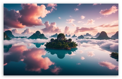 Fantasy, Islands, Pink Clouds, Calm Water, Calm Ocean Water, Mist UltraHD Wallpaper for UHD 16:9 ; HD 16:9 ; UltraWide 21:9 24:10 32:9 32:10 ; Widescreen 16:10 5:3 ; Fullscreen 4:3 5:4 3:2 ; Tablet 1:1 ; Mobile 9:16 9:19.5 9:20 10:16 2:3 3:5 3:4 ; Dual 16:10 5:3 16:9 4:3 5:4 3:2 ;