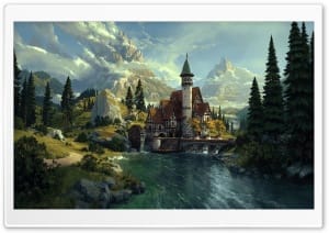 Fantasy Medieval Watermill Castle in Mountain Valley Landscape 4K UHD Wallpaper for Widescreen and UltraWide Desktop, UltraHD TV, Smartphone, Tablet