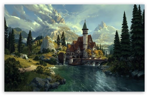 Fantasy Medieval Watermill Castle in Mountain Valley Landscape UltraHD Wallpaper for UHD 16:9 ; HD 16:9 ; UltraWide 21:9 24:10 32:9 32:10 ; Widescreen 16:10 ; Tablet 1:1 ; Mobile 9:16 9:19.5 9:20 ; Dual 16:10 16:9 ;