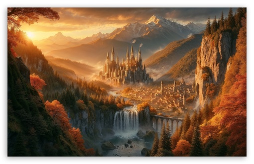 Fantasy Mountain Castle, Autumn, Artwork UltraHD Wallpaper for HD 16:9 ; UltraWide 21:9 ; Widescreen 16:10 5:3 ; Fullscreen 4:3 5:4 3:2 ; Tablet 1:1 ; Mobile 9:16 10:16 2:3 3:5 3:4 ;