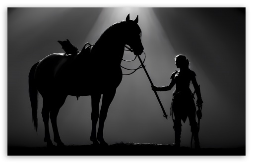 Female Warrior, Horse, Silhouettes UltraHD Wallpaper for UHD 16:9 ; HD 16:9 ; UltraWide 21:9 24:10 ; Widescreen 16:10 5:3 ; Fullscreen 4:3 5:4 3:2 ; Tablet 1:1 ;