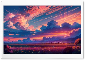 Flowers, Field, Clouds, Drawing, Artwork, Painting 4K UHD Wallpaper for Widescreen and UltraWide Desktop, UltraHD TV, Smartphone, Tablet