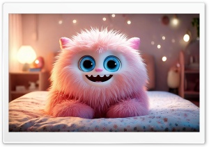 Fluffy Pink Monster on Bed 4K UHD Wallpaper for Widescreen and UltraWide Desktop, UltraHD TV, Smartphone, Tablet