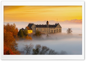 Fogbound Castle, Autumn 4K UHD Wallpaper for Widescreen and UltraWide Desktop, UltraHD TV, Smartphone, Tablet