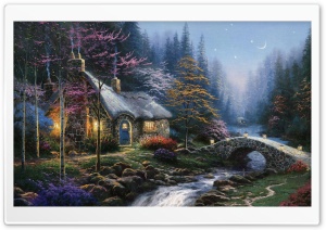 Forest Cottage Spring Painting Ultra HD Wallpaper for 4K UHD Widescreen desktop, tablet & smartphone