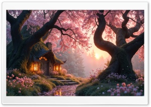 Forest Hut, Spring Scene, Artistic 4K UHD Wallpaper for Widescreen and UltraWide Desktop, UltraHD TV, Smartphone, Tablet