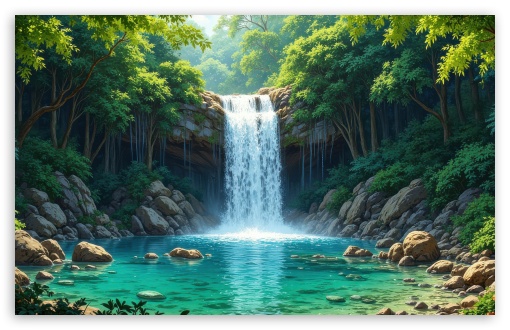 Forest Waterfall Digital Art UltraHD Wallpaper for HD 16:9 ; UltraWide 21:9 24:10 ; Widescreen 16:10 5:3 ;