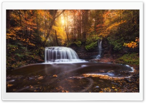 Forest Waterfall on a Sunny Autumn Day 4K UHD Wallpaper for Widescreen and UltraWide Desktop, UltraHD TV, Smartphone, Tablet