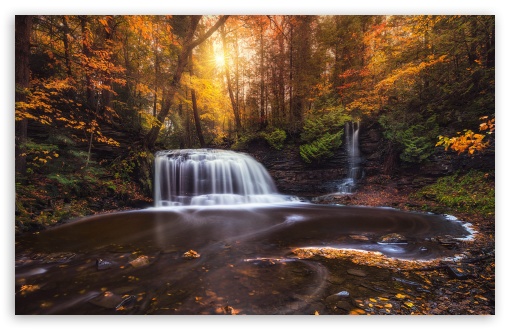 Forest Waterfall on a Sunny Autumn Day UltraHD Wallpaper for UHD 16:9 ; HD 16:9 ; UltraWide 21:9 24:10 32:9 32:10 ; Widescreen 16:10 5:3 ; Fullscreen 4:3 5:4 3:2 ; Tablet 1:1 ; Mobile 9:16 9:19.5 9:20 10:16 2:3 3:5 3:4 ; Dual 16:10 5:3 16:9 4:3 5:4 3:2 ;