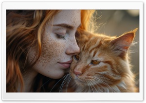 Freckled Ginger Woman,  Orange Cat 4K UHD Wallpaper for Widescreen and UltraWide Desktop, UltraHD TV, Smartphone, Tablet