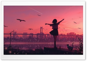 Freedom, Anime Girl, Morning, Flying Birds, Sunrise, Black Cat 4K UHD Wallpaper for Widescreen and UltraWide Desktop, UltraHD TV, Smartphone, Tablet