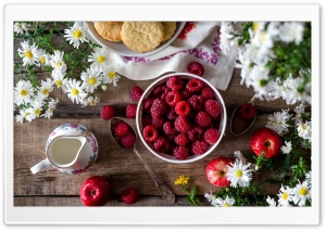 Fresh Raspberries Fruits bowl, Wooden Table Ultra HD Wallpaper for 4K UHD Widescreen desktop, tablet & smartphone