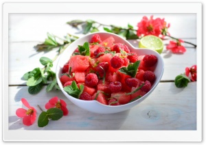 Fresh, Summer, Salad, Raspberries, Sweet, Watermelon, Mint Leaves 4K UHD Wallpaper for Widescreen and UltraWide Desktop, UltraHD TV, Smartphone, Tablet