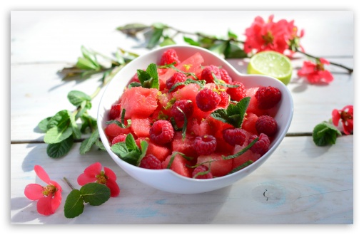 Fresh, Summer, Salad, Raspberries, Sweet, Watermelon, Mint Leaves UltraHD Wallpaper for UHD 16:9 ; HD 16:9 ; UltraWide 21:9 24:10 ; Widescreen 16:10 5:3 ; Fullscreen 4:3 5:4 3:2 ; Tablet 1:1 ;