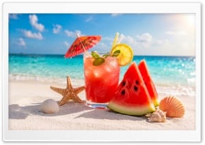 Fresh Watermelon Cocktail on the Beach 4K UHD Wallpaper for Widescreen and UltraWide Desktop, UltraHD TV, Smartphone, Tablet