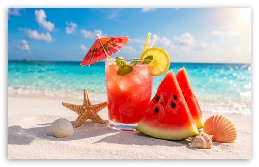 Fresh Watermelon Cocktail on the Beach UltraHD Wallpaper for UHD 16:9 ; HD 16:9 ; UltraWide 21:9 24:10 ; Widescreen 16:10 ; Tablet 1:1 ;
