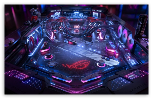 Futuristic ROG Pinball Machine Neon Lighting UltraHD Wallpaper for UHD 16:9 ; HD 16:9 ; UltraWide 21:9 24:10 ; Widescreen 16:10 ; Tablet 1:1 ;