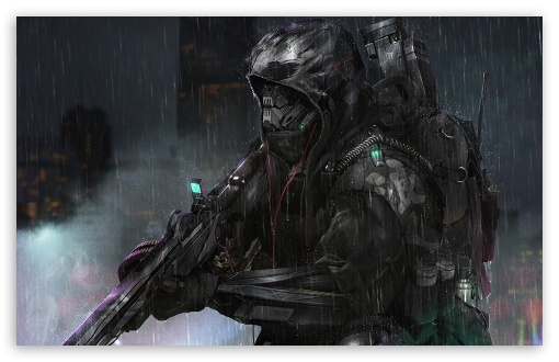 Futuristic Soldier in Rain UltraHD Wallpaper for UHD 16:9 ; HD 16:9 ; UltraWide 21:9 24:10 ; Widescreen 16:10 5:3 ; Fullscreen 4:3 5:4 3:2 ; Tablet 1:1 ;