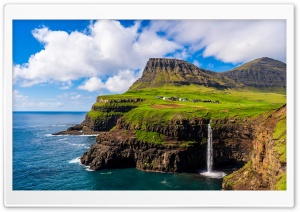 Gasadalur Village, Vagar, Faroe Islands 4K UHD Wallpaper for Widescreen and UltraWide Desktop, UltraHD TV, Smartphone, Tablet