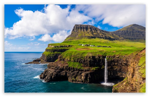Gasadalur Village, Vagar, Faroe Islands UltraHD Wallpaper for UHD 16:9 ; HD 16:9 ; UltraWide 21:9 24:10 32:9 32:10 ; Widescreen 16:10 ; Fullscreen 3:2 ; Tablet 1:1 ; Mobile 9:16 ; Dual 16:10 16:9 ;