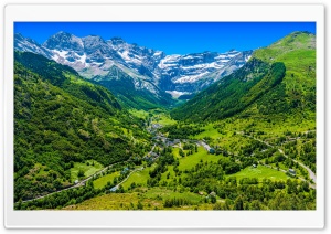 Gavarnie Village and Pyrenees Landscape 4K UHD Wallpaper for Widescreen and UltraWide Desktop, UltraHD TV, Smartphone, Tablet