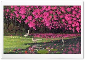Geese with Goslings Spring Scene Painting 4K UHD Wallpaper for Widescreen and UltraWide Desktop, UltraHD TV, Smartphone, Tablet