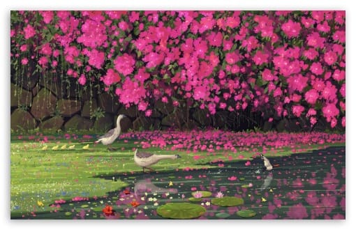 Geese with Goslings Spring Scene Painting UltraHD Wallpaper for UHD 16:9 ; HD 16:9 ; UltraWide 21:9 24:10 32:9 32:10 ; Widescreen 16:10 ; Tablet 1:1 ; Mobile 9:16 9:19.5 9:20 9:21 ; Dual 16:10 16:9 ;