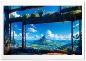 Ghibli Aesthetic Open Window Green Valley Art 4K UHD Wallpaper for Widescreen and UltraWide Desktop, UltraHD TV, Smartphone, Tablet