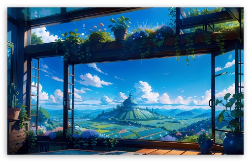Ghibli Aesthetic Open Window Green Valley Art UltraHD Wallpaper for UHD 16:9 ; HD 16:9 ; Widescreen 16:10 ;