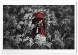 Ghost of Tsushima Jin Sakai Crimson Armor in Pampas Grass 4K UHD Wallpaper for Widescreen and UltraWide Desktop, UltraHD TV, Smartphone, Tablet