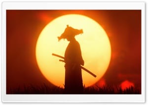 Ghost of Tsushima Samurai Silhouette at Sunset 4K UHD Wallpaper for Widescreen and UltraWide Desktop, UltraHD TV, Smartphone, Tablet