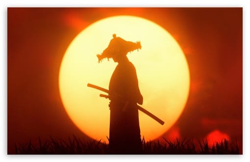 Ghost of Tsushima Samurai Silhouette at Sunset UltraHD Wallpaper for UHD 16:9 ; HD 16:9 ; UltraWide 21:9 24:10 32:9 32:10 ; Widescreen 16:10 ; Tablet 1:1 ; Mobile 9:16 9:19.5 9:20 ; Dual 16:10 16:9 ;