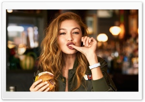 Gigi Hadid enjoying a delicious Burger 4K UHD Wallpaper for Widescreen and UltraWide Desktop, UltraHD TV, Smartphone, Tablet