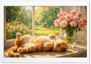 Ginger Cat Relaxing on Sunny Window Sill 4K UHD Wallpaper for Widescreen and UltraWide Desktop, UltraHD TV, Smartphone, Tablet