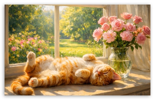 Ginger Cat Relaxing on Sunny Window Sill UltraHD Wallpaper for UHD 16:9 ; HD 16:9 ; UltraWide 21:9 24:10 ; Widescreen 16:10 ;
