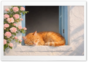 Ginger Cat Sleeping on Greek White House Window Sill 4K UHD Wallpaper for Widescreen and UltraWide Desktop, UltraHD TV, Smartphone, Tablet