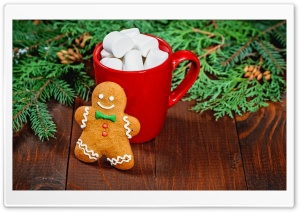 Gingerbread Man, Red Mug of Hot Chocolate with Marshmallows Ultra HD Wallpaper for 4K UHD Widescreen desktop, tablet & smartphone