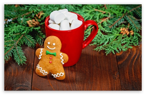 Gingerbread Man, Red Mug of Hot Chocolate with Marshmallows Ultra HD ...