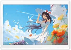 Girl, Anime, Lighthouse, Flowers, Summer, Wind Turbines 4K UHD Wallpaper for Widescreen and UltraWide Desktop, UltraHD TV, Smartphone, Tablet