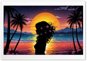 Girl at Dusk on the Beach, Tropical Twilight Ultra HD Wallpaper for 4K UHD Widescreen Desktop, Lockscreen, Screensaver, TV, Tablet, Smartphone