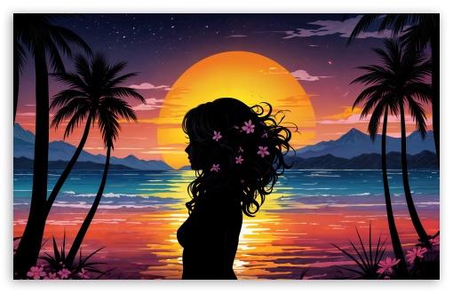 Girl at Dusk on the Beach, Tropical Twilight UltraHD Wallpaper for UHD 16:9 ; HD 16:9 ; UltraWide 21:9 24:10 ; Widescreen 16:10 5:3 ; Fullscreen 4:3 5:4 3:2 ; Tablet 1:1 ; Mobile 9:16 9:19.5 9:20 9:21 9:22 10:16 2:3 3:5 3:4 ;