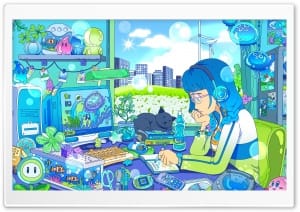 Girl at her Desk with Cat Beside Her Illustration 4K UHD Wallpaper for Widescreen and UltraWide Desktop, UltraHD TV, Smartphone, Tablet